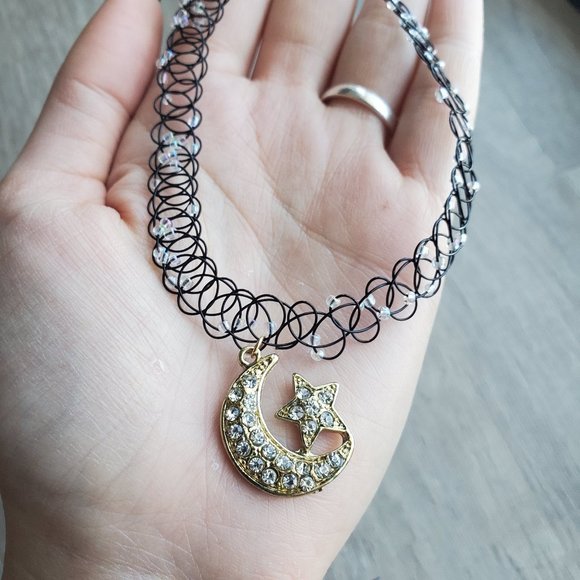 Henna Tattoo choker necklace with gold rhinestone moon and star - Picture 2 of 5